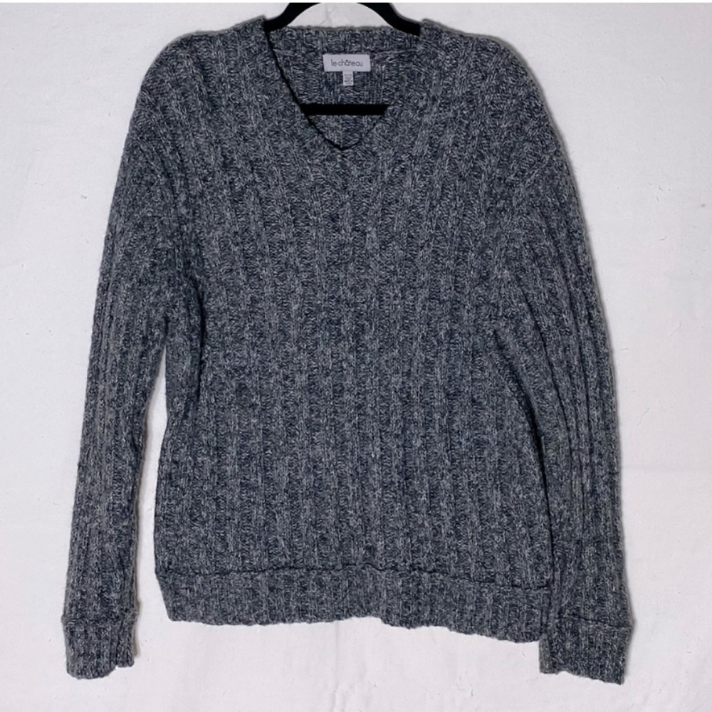 SOLD-Le Chateau Grey Chunky Ribbed Knit Wool Blend  V Neck Sweater XL